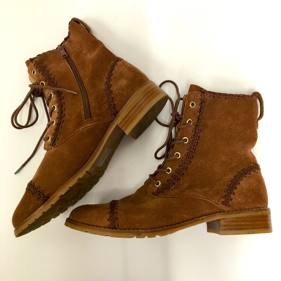 Jack Rogers Shoes - Jack Rogers Gemma Suede Leather Lace Up Boots 8.5 Toffee Brown Side Zip